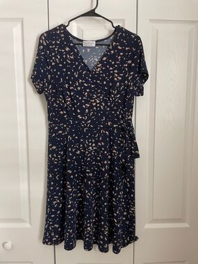 Kaileigh Navy Midi Wrap Dress with Soft Pink Print